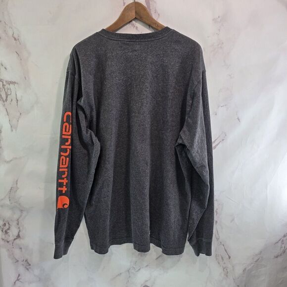 Carhartt T Shirt Mens Large Dark Grey Orange Original Fit Long Sleeve Spellout - Picture 2 of 11